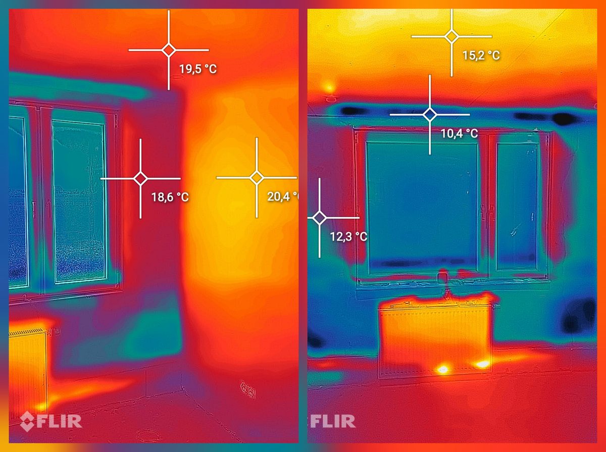 Zwei Wärmebilder eines Wohnraums nebeneinander. Rechts kalte Messpunkte mit 15,2, 10,4 und 12,3 Grad an Wand und Fenstersturz, links dieselbe Stelle mit 19,5, 18,6 und 20,4 Grad.