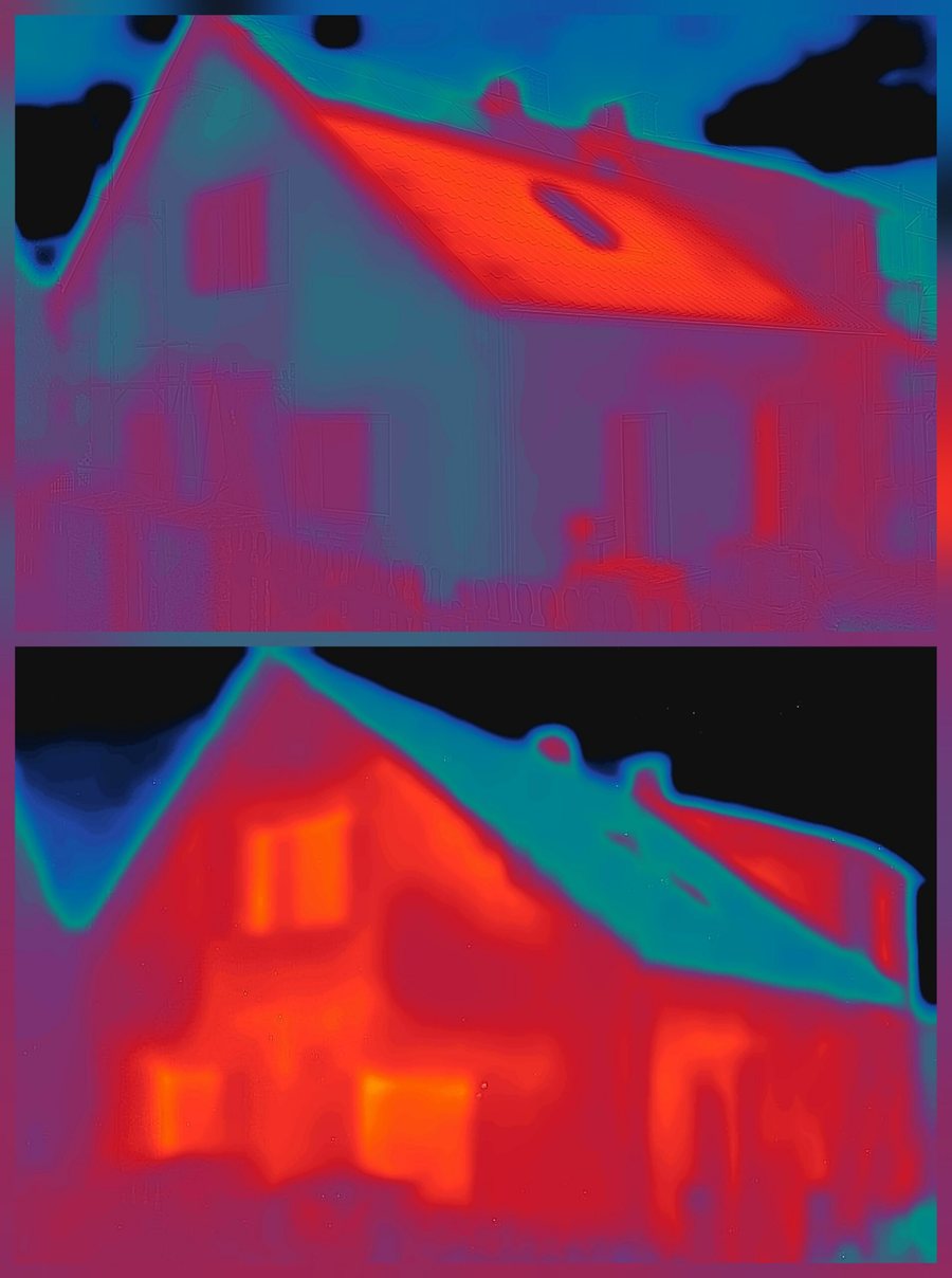 Zwei Wärmebildaufnahmen desselben Wohnhauses übereinander, vor und nach der Beschichtung