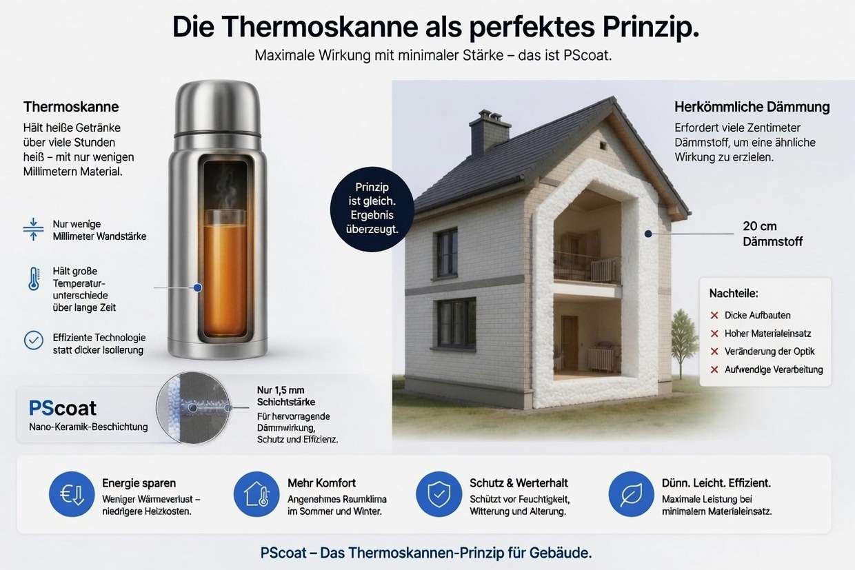 Vergleichsgrafik: eine Thermoskanne hält mit wenigen Millimetern Wandstärke, herkömmliche Dämmung braucht dafür fünfzehn bis zwanzig Zentimeter Styropor