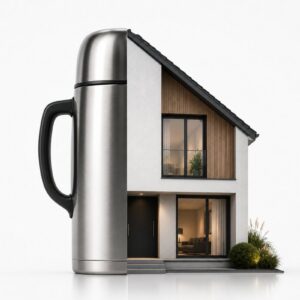 Ein Wohnhaus, dessen linke Hälfte als Thermoskanne ausgeführt ist.